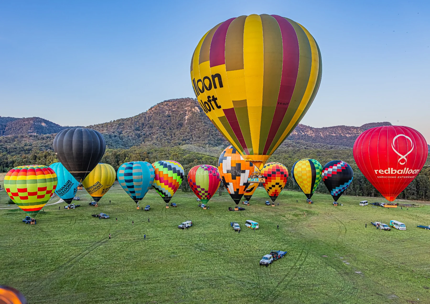 Hot-air balloons lined up in the Hunter Valley